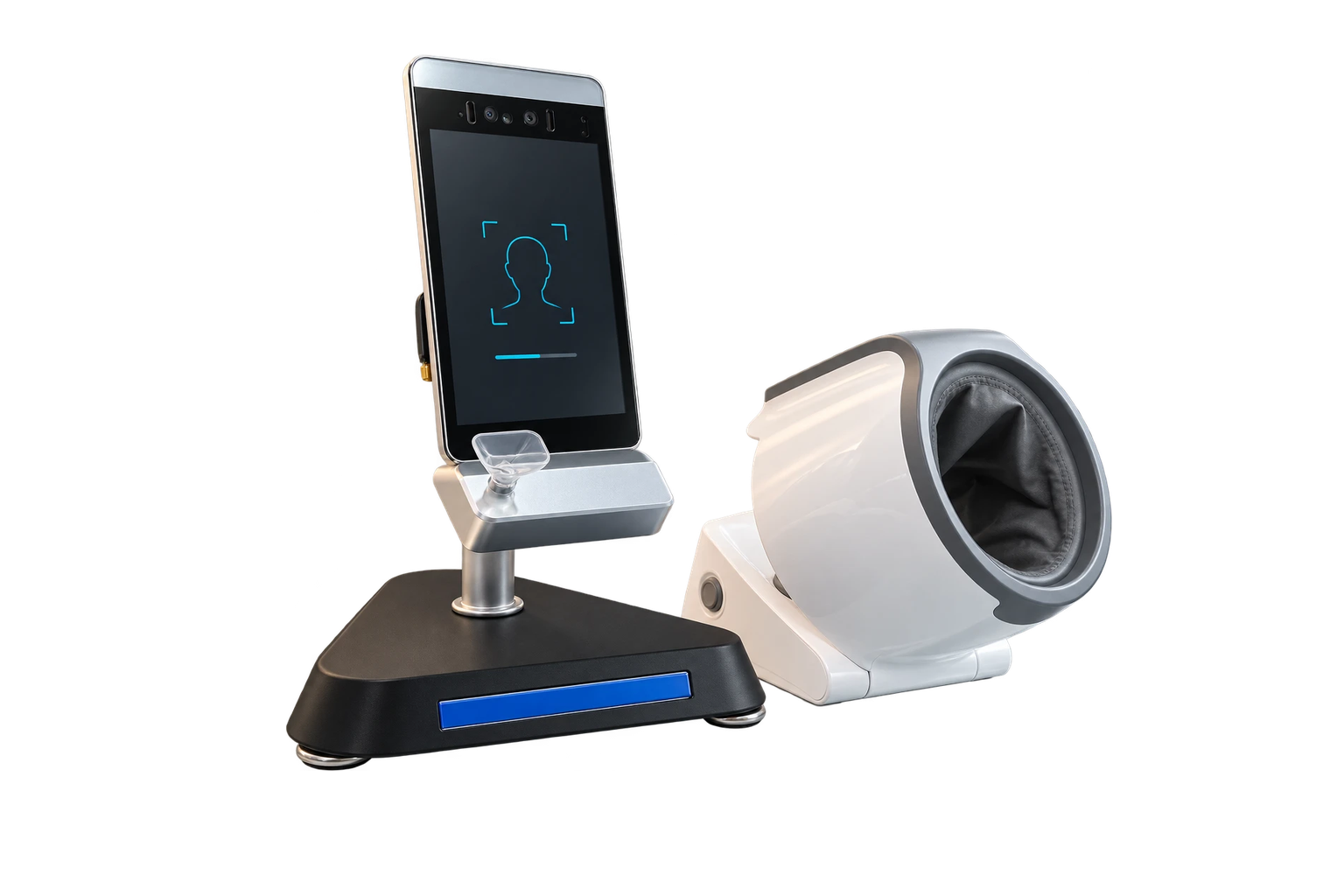 AMS pre-shift check station: a face-recognition tablet on a stand next to an arm blood pressure monitor